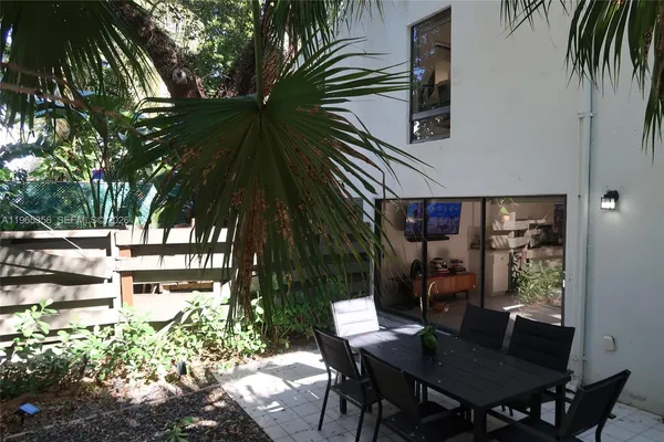 a backyard of a house with table and chairs