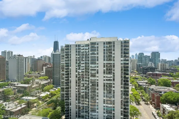 a view of a city with tall buildings
