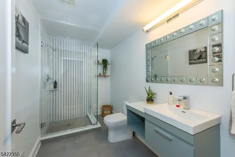 a bathroom with a sink mirror and toilet