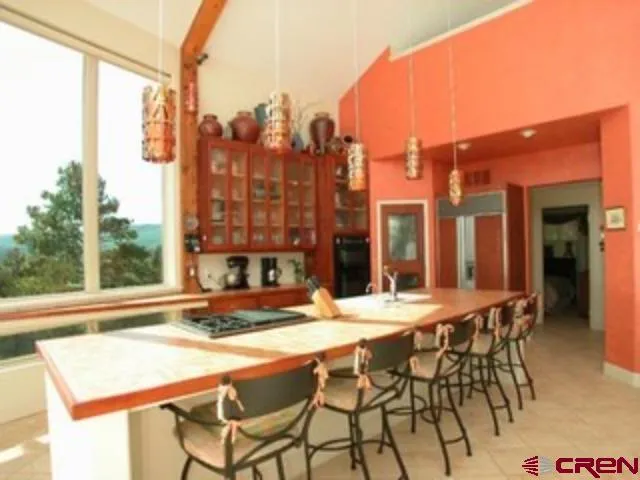 a view of a building from a dining room