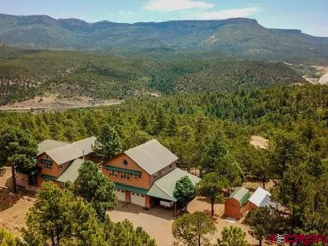 an aerial view of a house with a garden