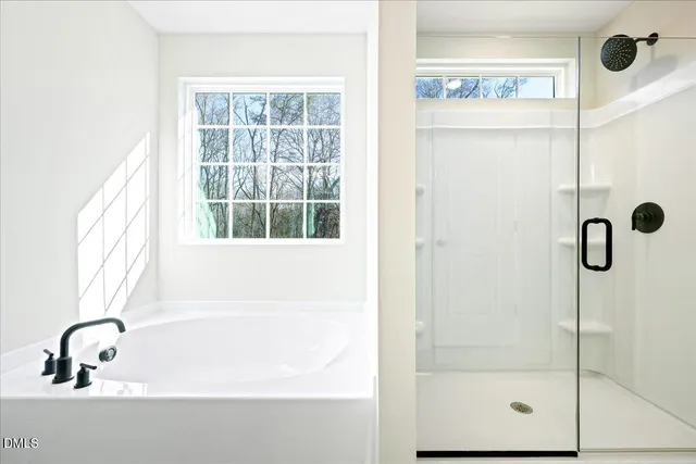 a bathroom with a shower and a window