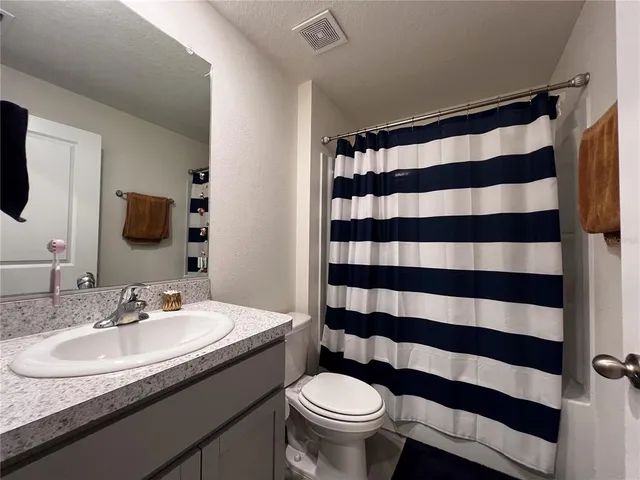 a bathroom with a sink a toilet a mirror and shower curtain