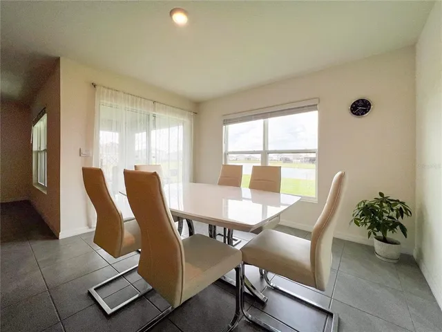 a view of a dining room with furniture window and outside view