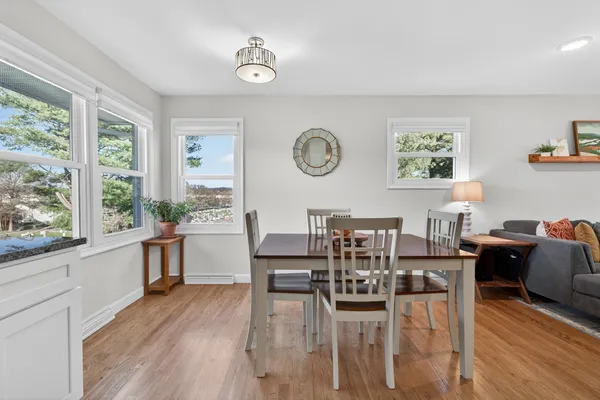 a view of a dining room with furniture window and wooden floor