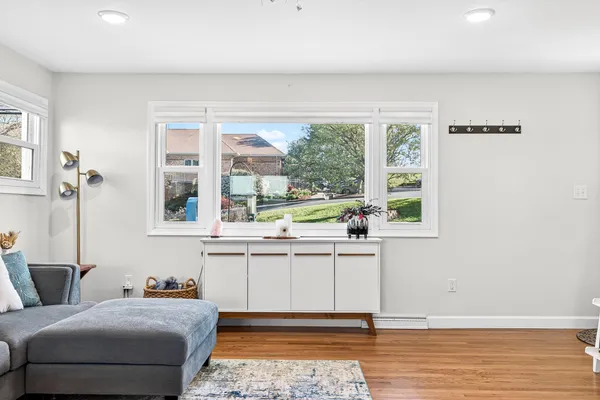 a living room with furniture or couch and a wooden floor