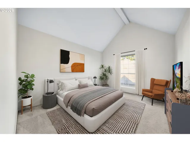 a bedroom with a bed a dresser and chair