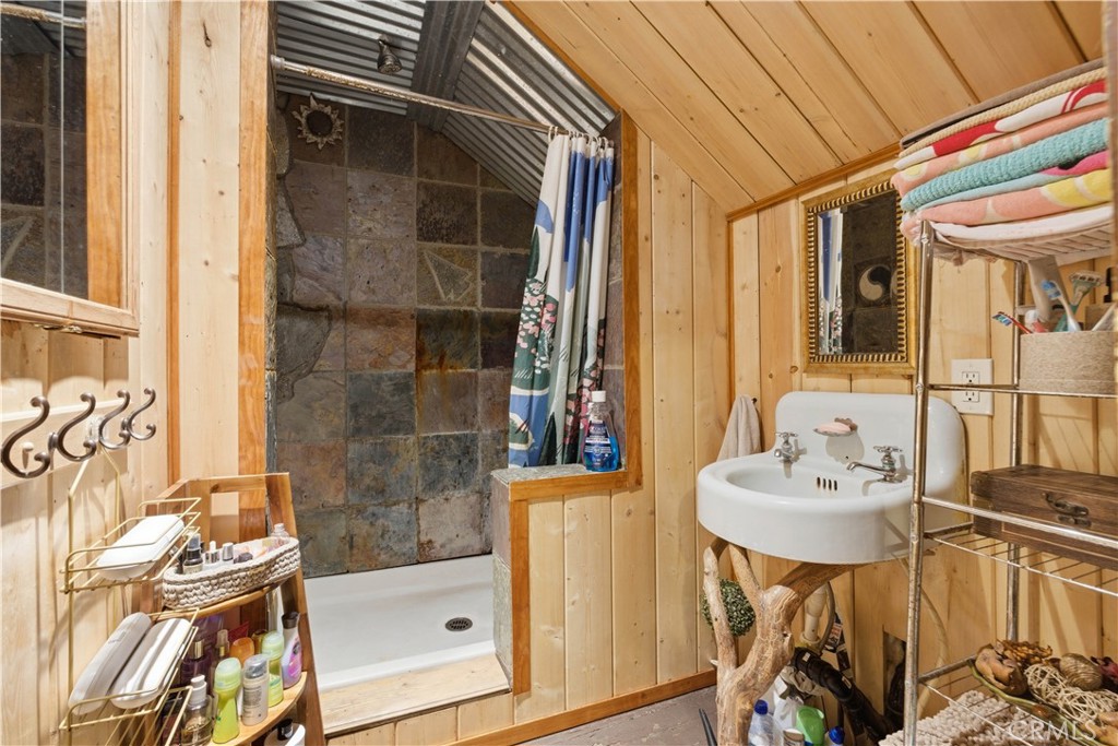 815 Cottage Grove Road Lake Arrowhead, CA 92352 - Photo 27 of 46 a bathroom with a sink a mirror and a shower