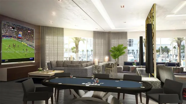 a large living room with stainless steel appliances with couches potted plants and a large window