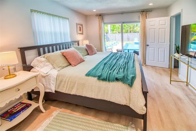 a bedroom with a bed and a flat tv screen on dresser