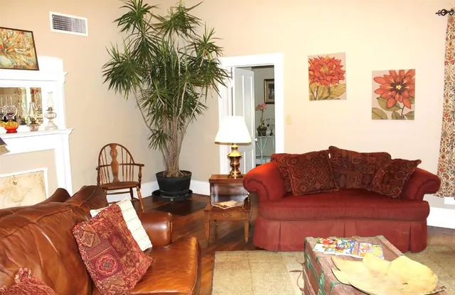 a living room with furniture and a potted plant