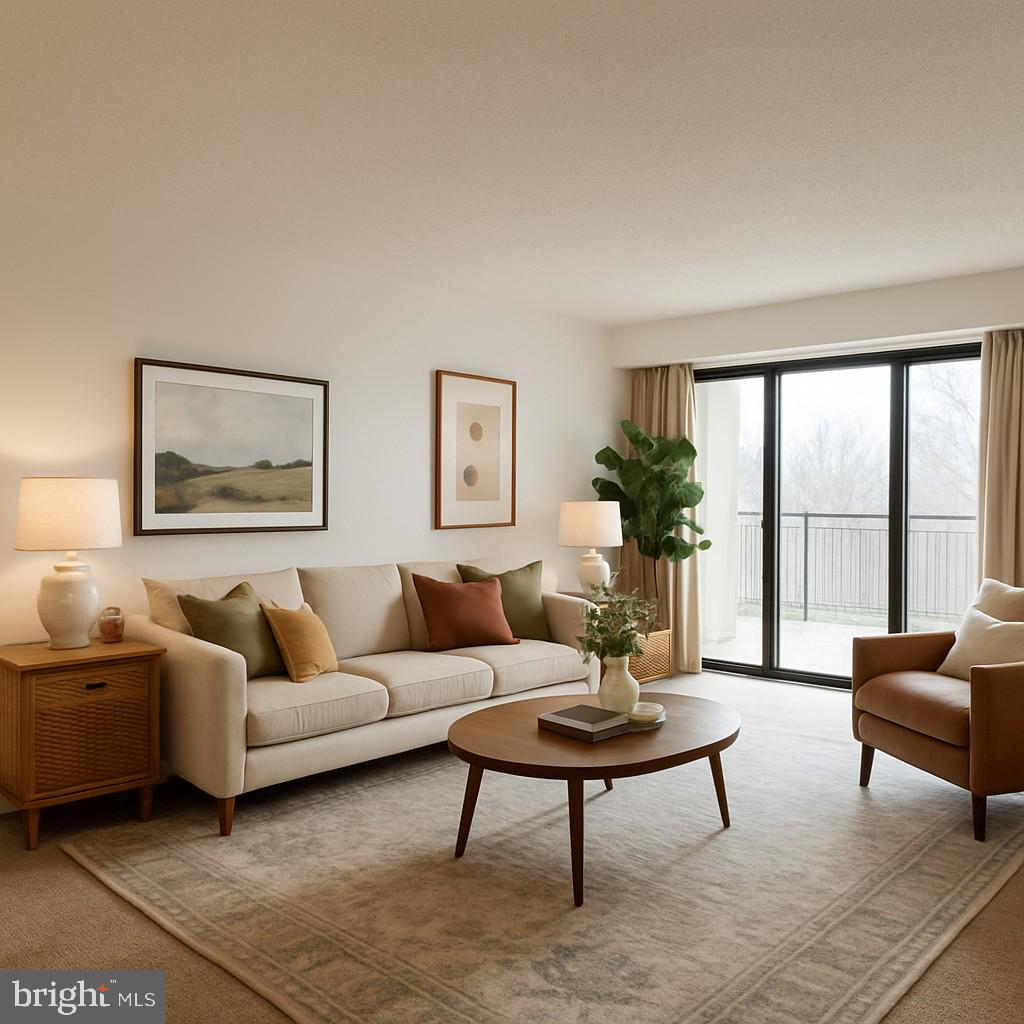 a living room with furniture potted plant and a large window