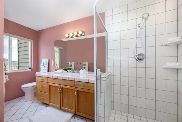 a bathroom with a sink a toilet and shower