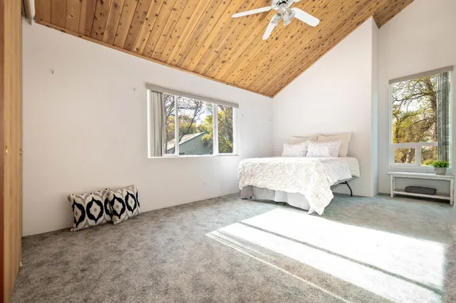 a view of a tennis ground with large trees