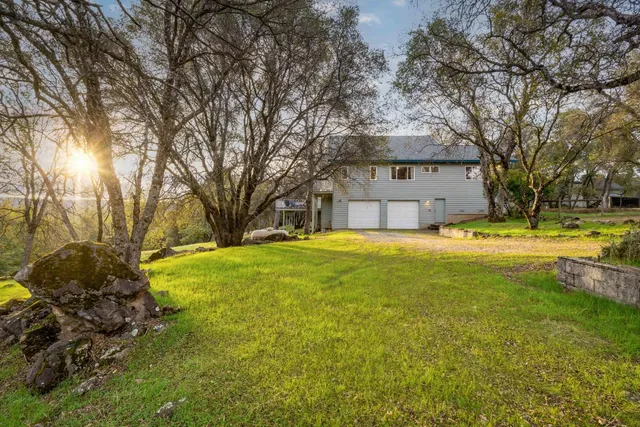 a view of a swimming pool with a yard and large trees