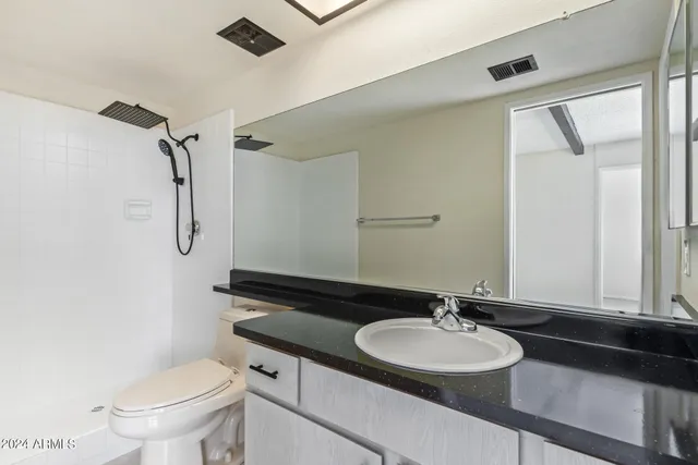 a bathroom with a granite countertop sink toilet and a mirror