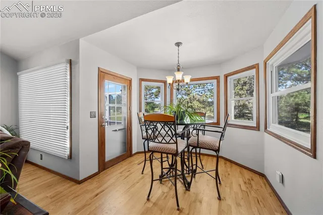 a view of a dining room with furniture window and wooden floor