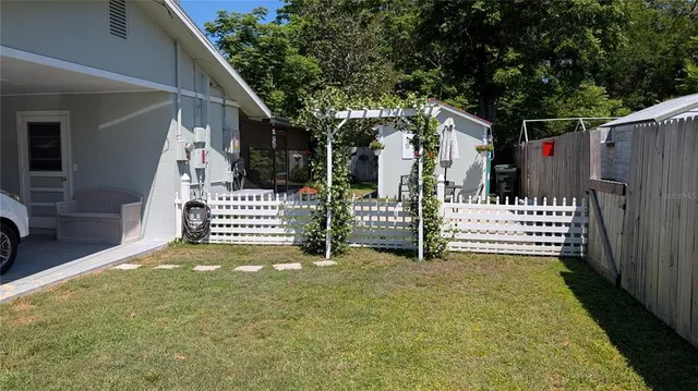 a view of a backyard with plants and a tree