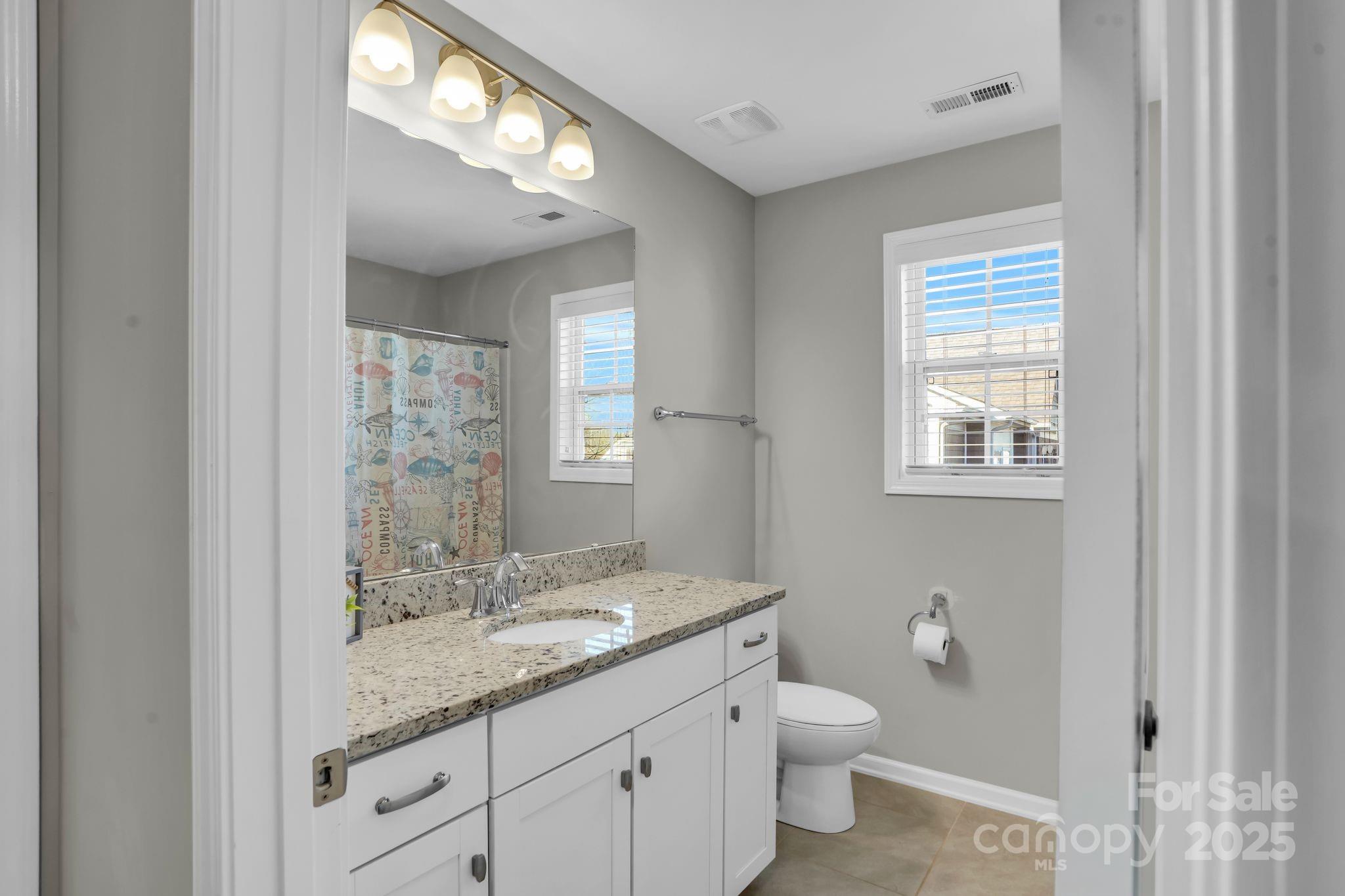 9507 Inverness Bay Road Charlotte, NC 28278 - Photo 19 of 29 a bathroom with a granite countertop sink a toilet and a mirror