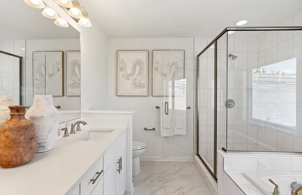 a bathroom with a double vanity sink mirror and shower