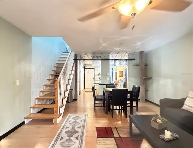 a view of a dining room with furniture