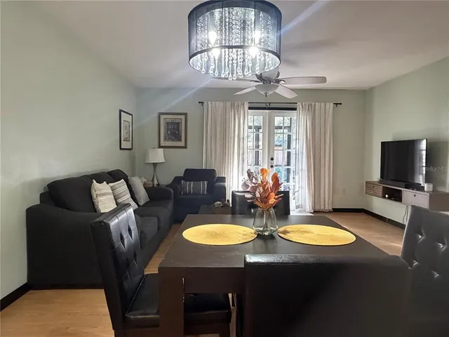 a view of a dining room with furniture