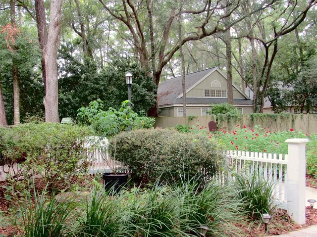 a view of a garden with large trees
