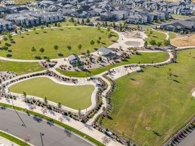 an aerial view of a swimming pool