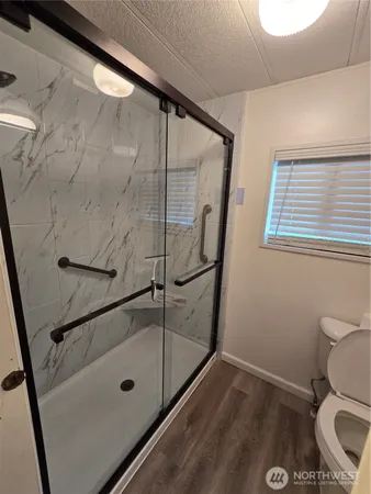 a bathroom with a shower and toilet