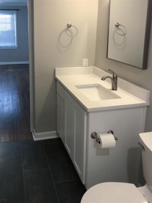 602 West 3rd Street Justin, TX 76247 - Photo 12 of 22 Bathroom featuring a white vanity with an integrated sink, brushed nickel faucet, and a wall-mounted mirror