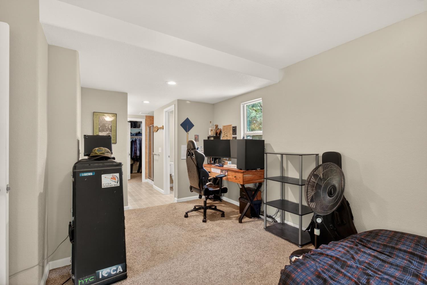 6332 Horseshoe Bar Road Loomis, CA 95650 - Photo 52 of 85 Carpeted room with a recessed lighting, a single window, and a white ceiling beam