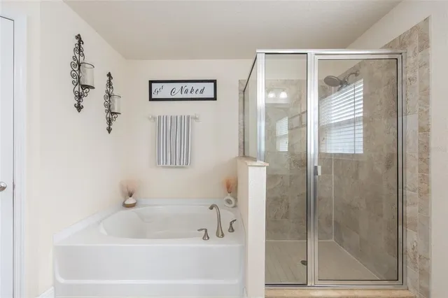 a bathroom with a bathtub and shower