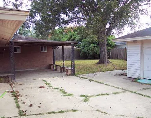 a view of a backyard with large tree and wooden fence