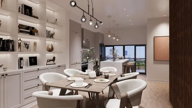 a dining room with furniture a large window and kitchen view