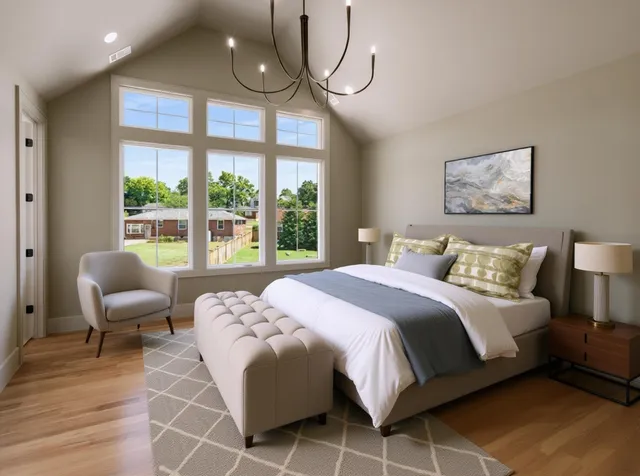 a bedroom with a bed and a large window