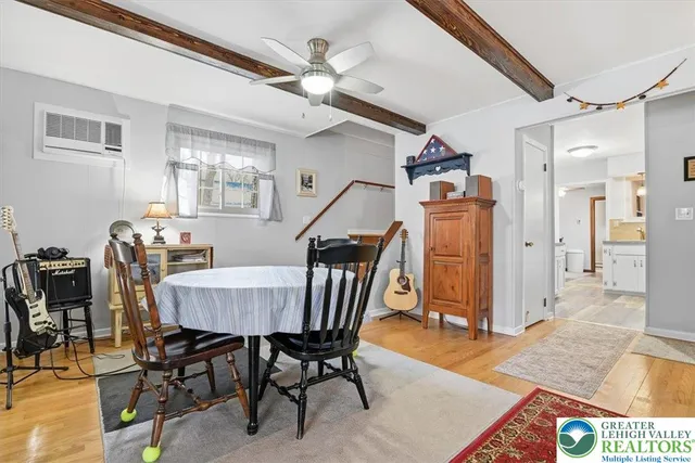a view of a dining room with furniture