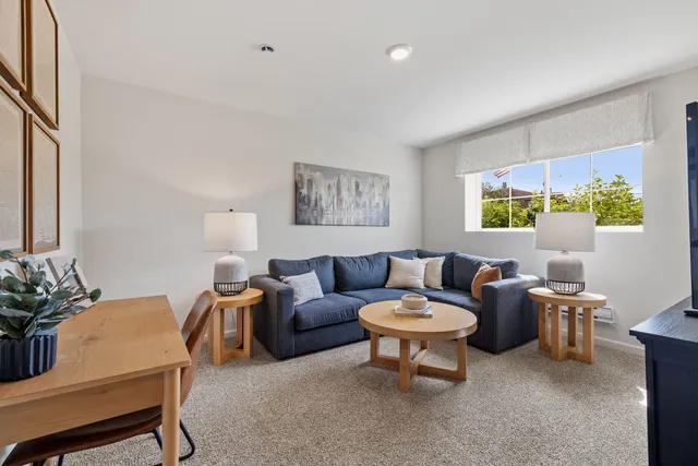 a living room with furniture a window and a potted plant