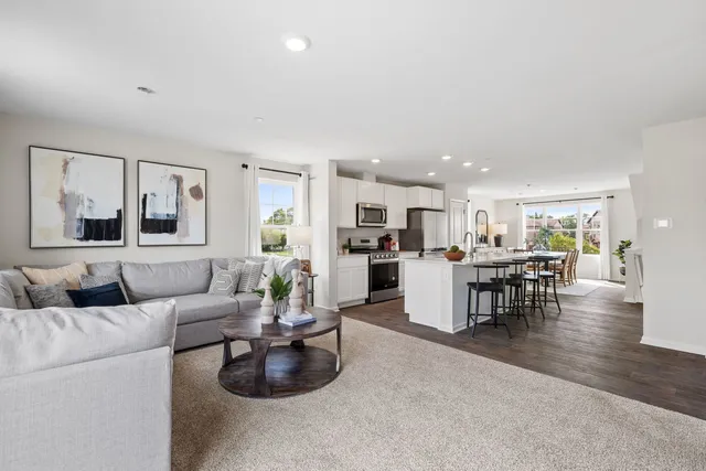 a living room with furniture and a dining table with kitchen view