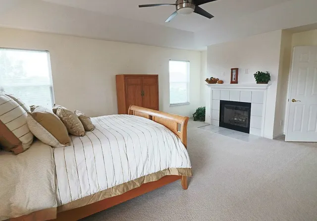 a bedroom with a bed and a fireplace