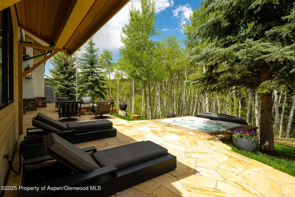 a view of a backyard with couches and a fire pit