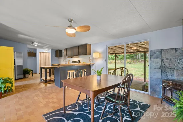 a view of a dining room with furniture window and outside view