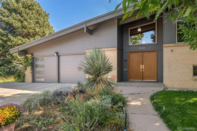 a white house with a small yard plants and large tree