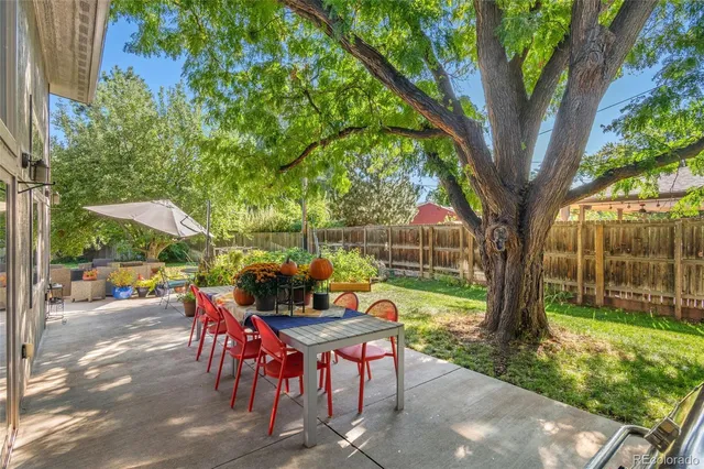 a backyard of a house with table and chairs