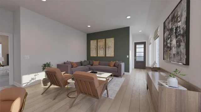 a bedroom with bed and a mirror