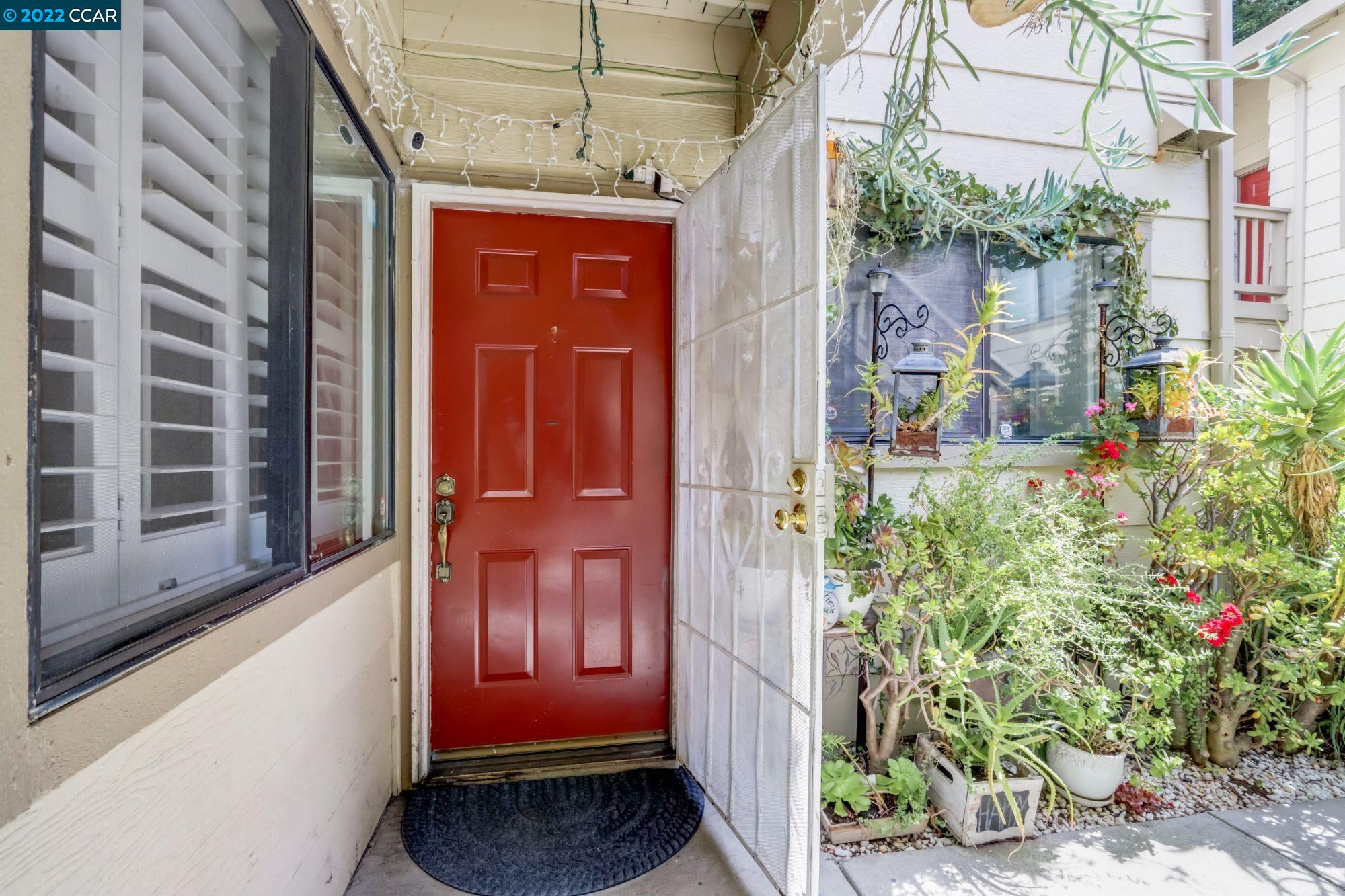 a view of front door of house with potted plant