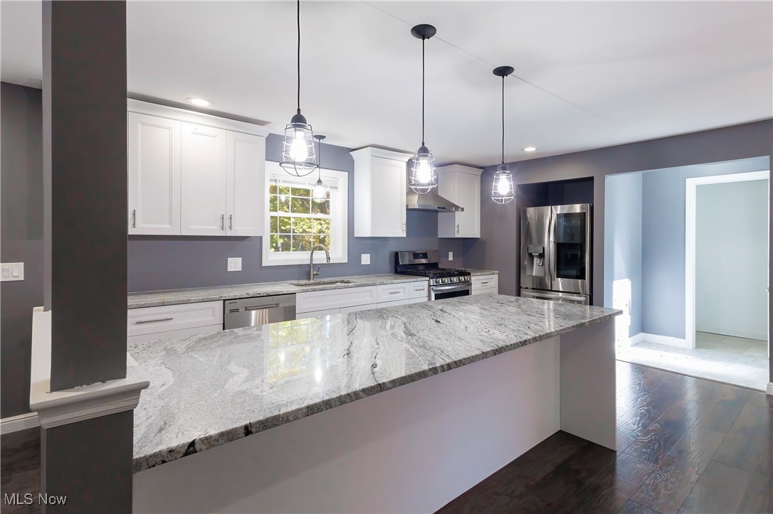 36625 Jackson Road Chagrin Falls, OH 44022 - Photo 21 of 50 Kitchen with dark wood-type flooring, stainless steel appliances, pendant lighting, and white cabinets