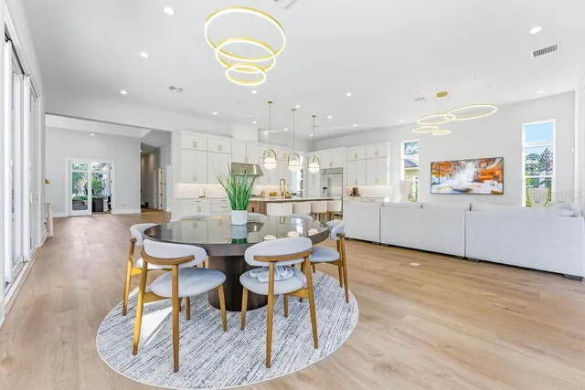 a view of a dining room with furniture window and outside view