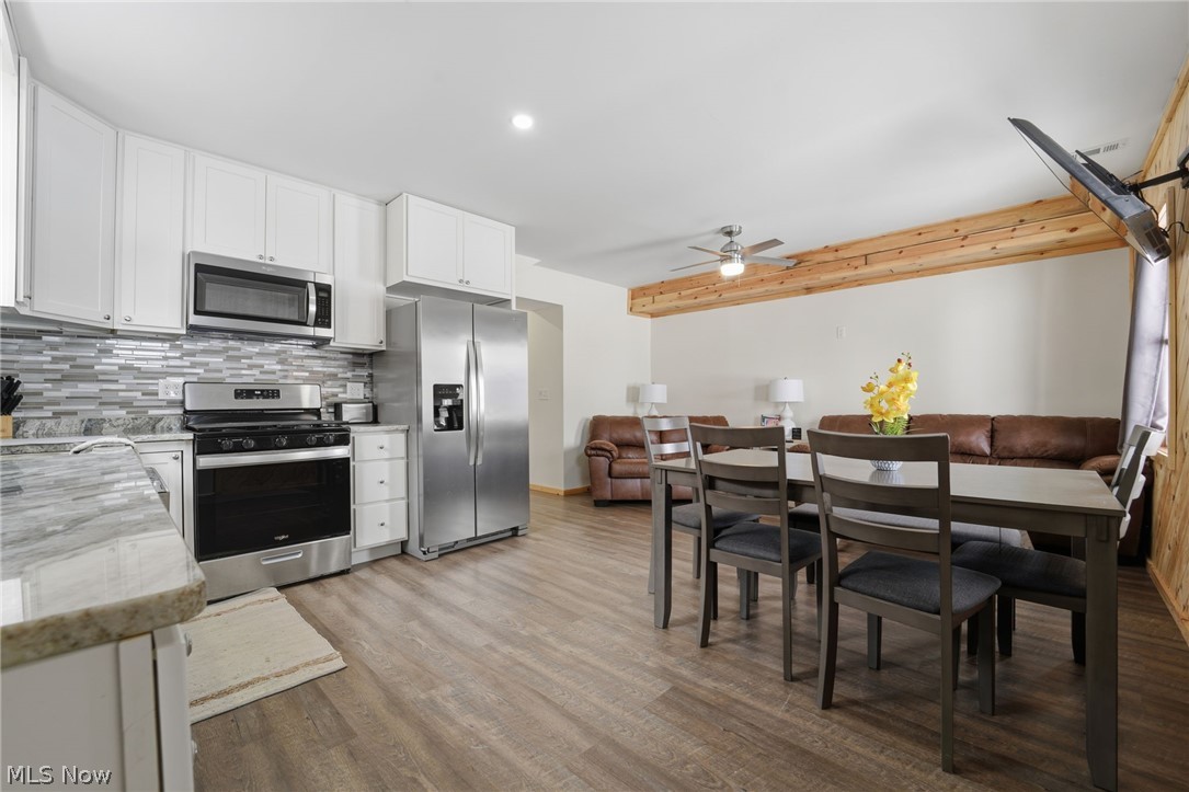 5919 Lake Road West, Unit 32 Ashtabula, OH 44004 - Photo 5 of 23 Kitchen with stainless steel appliances, white cabinetry, light wood-style flooring, light stone countertops, and a ceiling fan