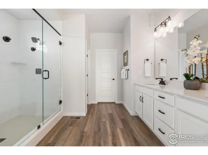 a bathroom with a double vanity sink a large mirror and shower