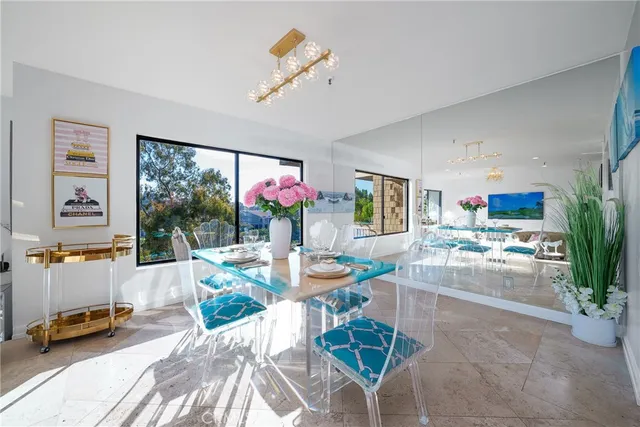 a view of a dining room with furniture window and outside view